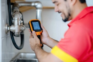 A professional in a brightly colored uniform examines the pipes beneath a sink using a specialized digital device, emphasizing precision and modern technology in plumbing.