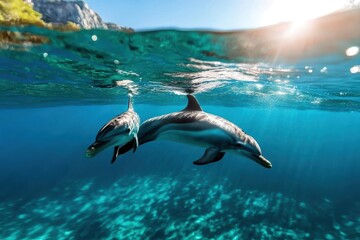 Naklejka premium Two dolphins swim elegantly in the crystal-clear waters of the ocean, with sunlight streaming through, creating a magical, serene underwater scene.