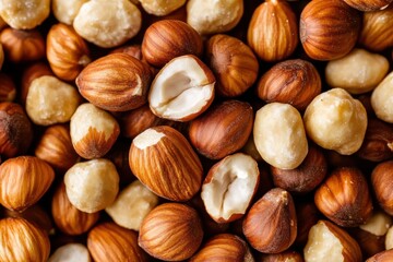 Obraz premium An artistic close-up image of shelled hazelnuts highlights their intricate textures and earthy tones, focusing on natural beauty and simplicity in snacks.
