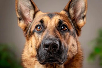 A close-up portrait captures the expressive face of a German Shepherd dog, highlighting its attentive eyes and strong, loyal demeanor, ideal for pet-themed media.