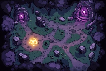 Enchanted forest path with glowing portals and stones.