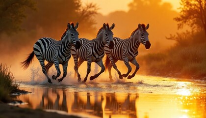 Zebras run through golden water at sunrise. Wild animals cross river at dawn. Nature scene captures...