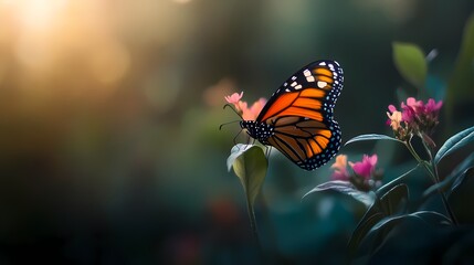 Monarch butterfly on pink flowers at sunset.