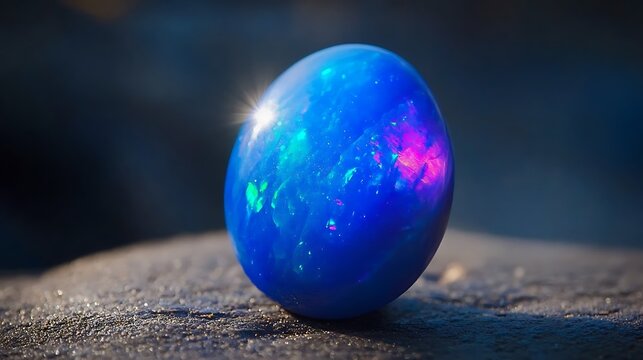 Polished blue opal gemstone on dark rock.