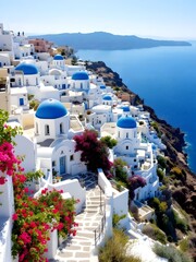 Fototapeta premium Santorinis Breathtaking Cliffs, Whitewashed Churches, and Blue Domes. Generated AI