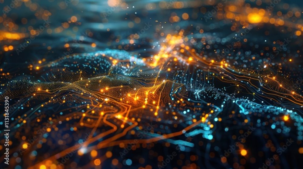 Poster big data flowing across a futuristic landscape, creating a dynamic visualization of information with
