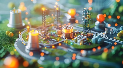 Industrial power generation facility model urban landscape 3d render dynamic environment aerial perspective energy concept