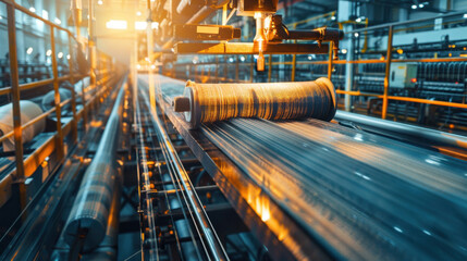 Fototapeta premium Textile Mill: A facility that processes raw fibers into textiles by spinning, weaving, and dyeing, producing fabrics for the fashion, home, and industrial sectors. 