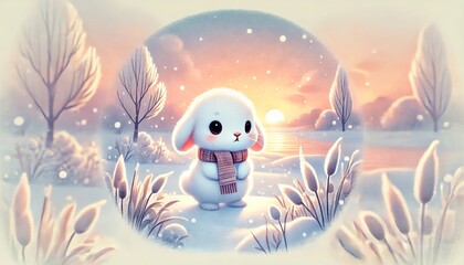 Obraz premium Cozy Winter Sunset with a Baby Rabbit Standing Peacefully in a Serene Snowy Landscape