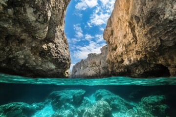 Serene underwater view of rocky coastline and sky.