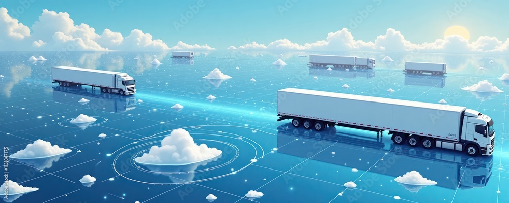 Aufkleber AI driven cold chain system for global distribution. Trucks travel across worldwide networks. Real time tracking. Global logistic tech. Precision healthcare. Logistics enhancing. Global distribution.