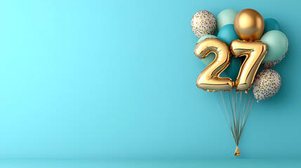 Golden number 27 balloon with colorful party balloons on blue background, perfect for celebrations and birthdays, creating festive atmosphere