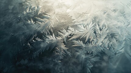 Close-up of frost patterns on a glass pane with soft light filtering through, creating a serene and cozy winter aesthetic