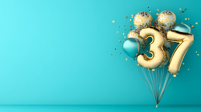 Golden number 37 balloon surrounded by colorful balloons and confetti, perfect for celebrations and parties, creating festive atmosphere