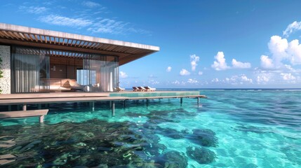 Obraz premium A luxury overwater bungalow resort in a turquoise lagoon with clear skies