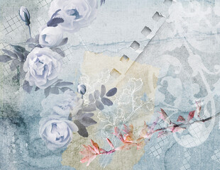 Roses and papers pale blue and white with a hint of pink collage of photos and drawings, abstract background