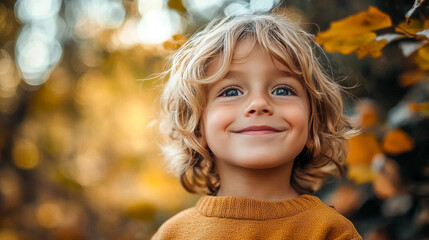 Fototapeta premium Smiling Child in Autumn Leaves, Family and Seasonal Promotions