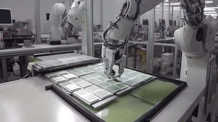 Robotic arm handling electronic components on assembly line.