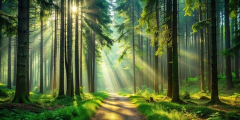 Fototapeta premium Sunlit Path Through a Misty Forest of Tall Trees