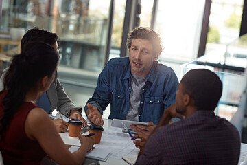 Business people, tablet and diversity in collaboration, meeting or feedback as creative in office....