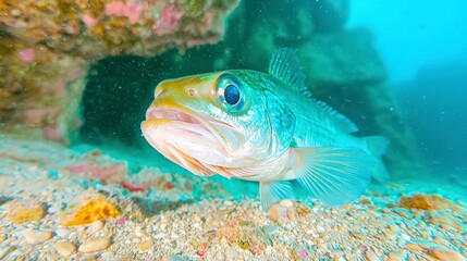 Fototapeta premium Underwater Sea Bass Marine Life Fish Ocean Aquatic Wildlife Closeup Nature Photogra