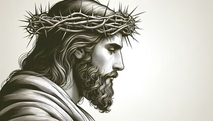 Obraz premium Jesus wearing the crown of thorns, seen from the side angle, white background