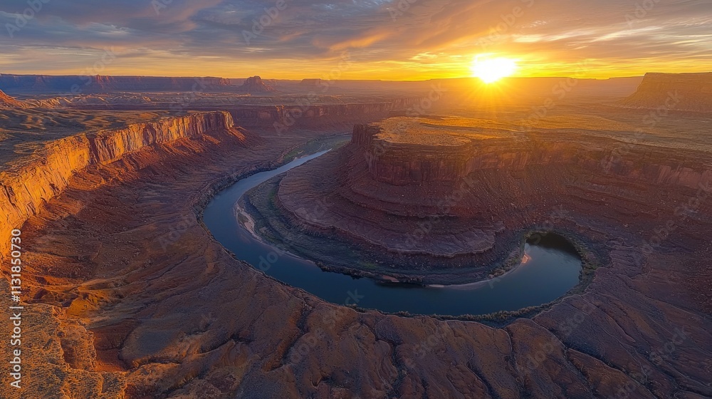 Poster as the sun sets over the rugged landscape, a winding river reflects golden hues while carving its pa