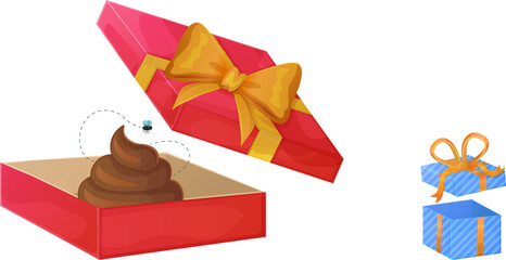 Opened red gift box with yellow ribbon containing a cartoon poop and a flying fly. Digital illustration on white background. Humor and prank concept for design and print. Bad gift concept.