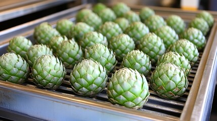 Obraz premium Fresh artichokes arranged on a metal tray.