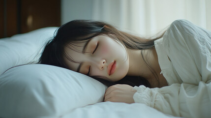 Obraz premium Japanese woman sleeping comfortably on white bed in luxury hotel