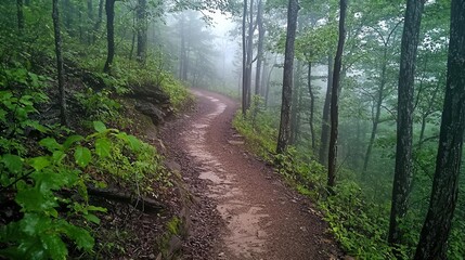 Obraz premium Morning mist rising over a winding forest trail, moisture dynamics, peaceful setting