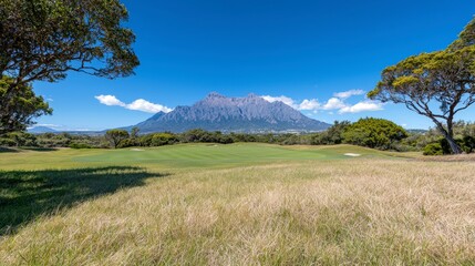 Fototapeta premium Scenic Golf Course Landscape Mountain View Fairway Grass Trees Blue Sky