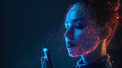 Woman using smartphone with glowing lines and dots over her face.