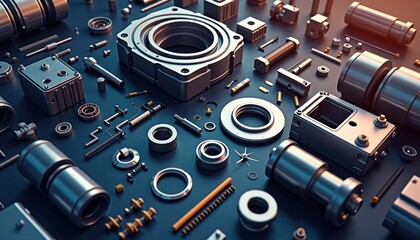 Fototapeta premium Close-up view of various metallic electric motor components. Different parts like gears, bearings, housings, shafts spread out on dark surface. Modern tech parts for industrial motor. Precision