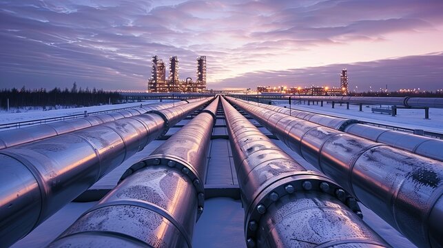 Parallel pipelines converging on a refinery at twilight in a snowy landscape.