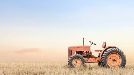 Fototapeta premium Unemployment impact form econocic recession. Rustic tractor in a golden field under a clear sky.