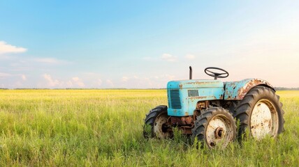 Fototapeta premium Unemployment impact form econocic recession. Rustic blue tractor in a vibrant green field under a clear sky.