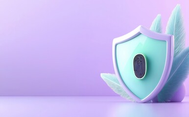 A modern shield with a fingerprint symbol, set against a soft purple background, representing security and digital protection.