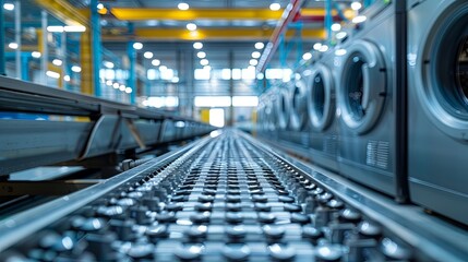 Naklejka premium Factory Assembly Line: Washing Machines on a Conveyor Belt
