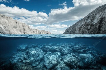 Obraz premium Underwater landscape with rocky formations and cliffs.