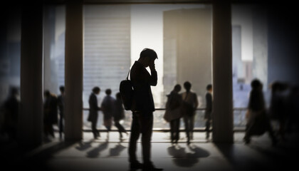 人混みのビジネスオフィス街　ひとり落ち込み項垂れる暗い雰囲気のストレスに疲れたスーツ姿の男性のシルエット　仕事・悩み・苦悩・頭痛・鬱・絶望のイメージ