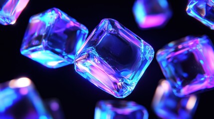 Glowing neon blue and pink crystal cubes levitate against a black background.