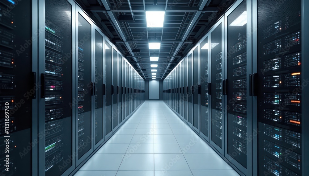 Aufkleber modern server room infrastructure with neatly organized racks, glowing components. soft white lighti