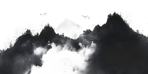 Obraz premium Minimalist Ink Wash Mountain Landscapes on a transparent and white background