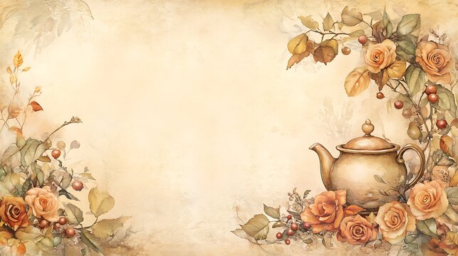 Autumnal teapot and roses on vintage background.