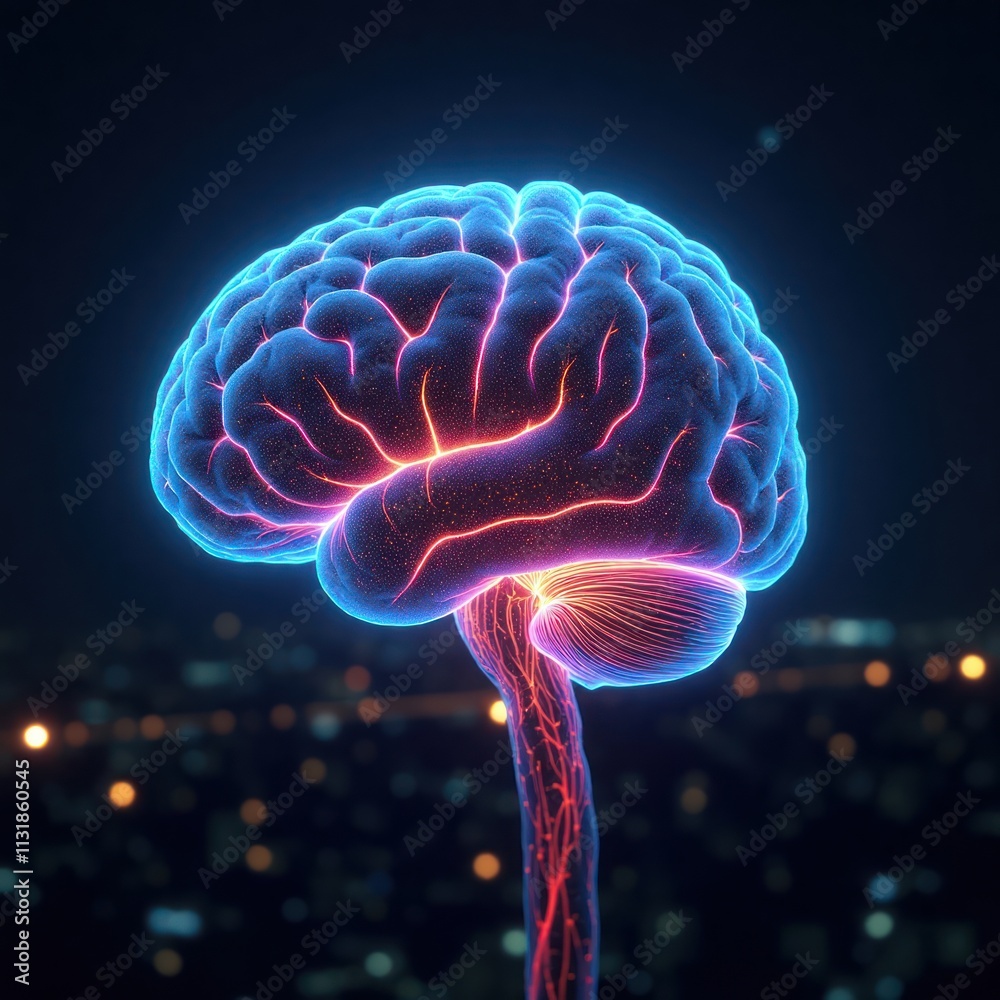 Poster Abstract representation of brain activity at night. Vivid colors highlight neural connections. Dynamic illustration shows neural pathways. City lights subtly background. Modern neuro tech concept.