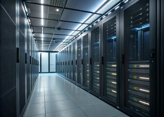 Fototapeta premium modern server room with sleek black server racks, illuminated by cool blue lighting, showcasing advanced technology and efficient data storage in clean, organized environment
