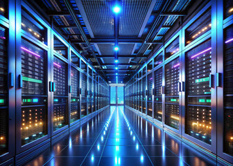 Obraz premium futuristic data center with glowing blue and purple lights, showcasing rows of server racks and reflective floor, emphasizing advanced technology and innovation