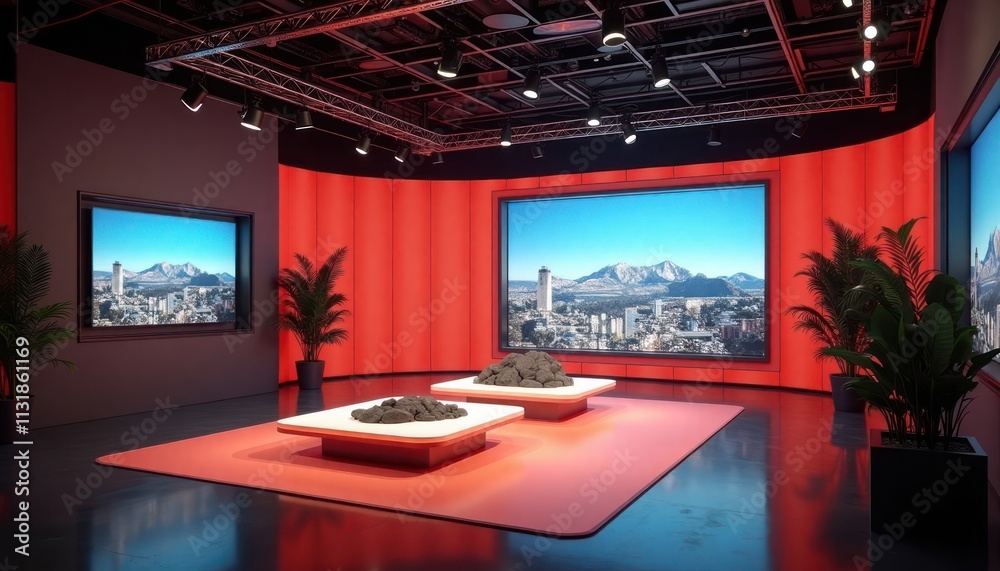 Poster Virtual studio setting shows news studio with vibrant red walls, large screen showing cityscape. Two platforms with dark rocks add unique touch. Plants, modern design complete look. Ideal for chroma
