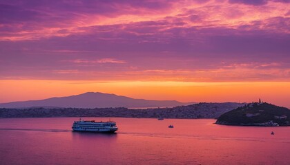 Sunset over Burgazada Island's coastline, capturing the golden hues reflecting on the Marmara Sea and the silhouette of historic mansions